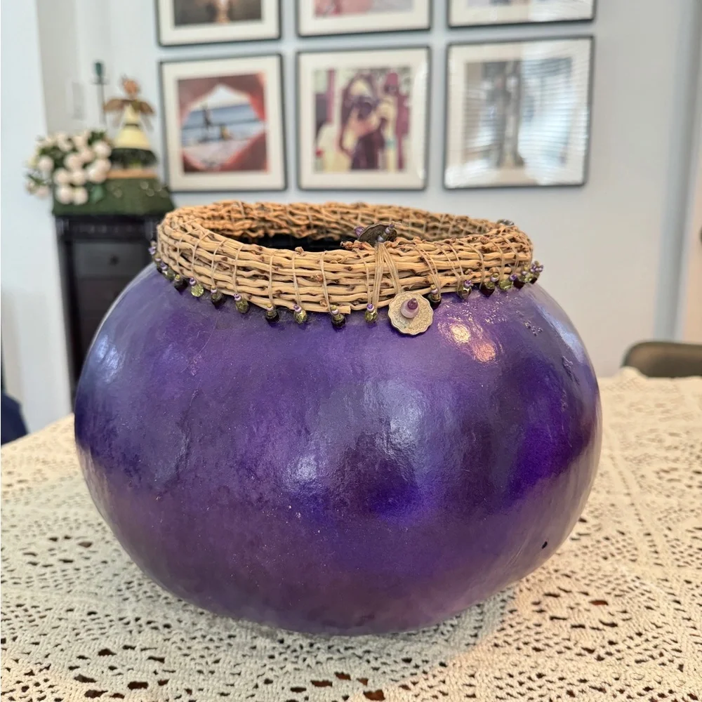 Handmade Gourd Art Bowl/Vase Purple Black Tabletop Decor